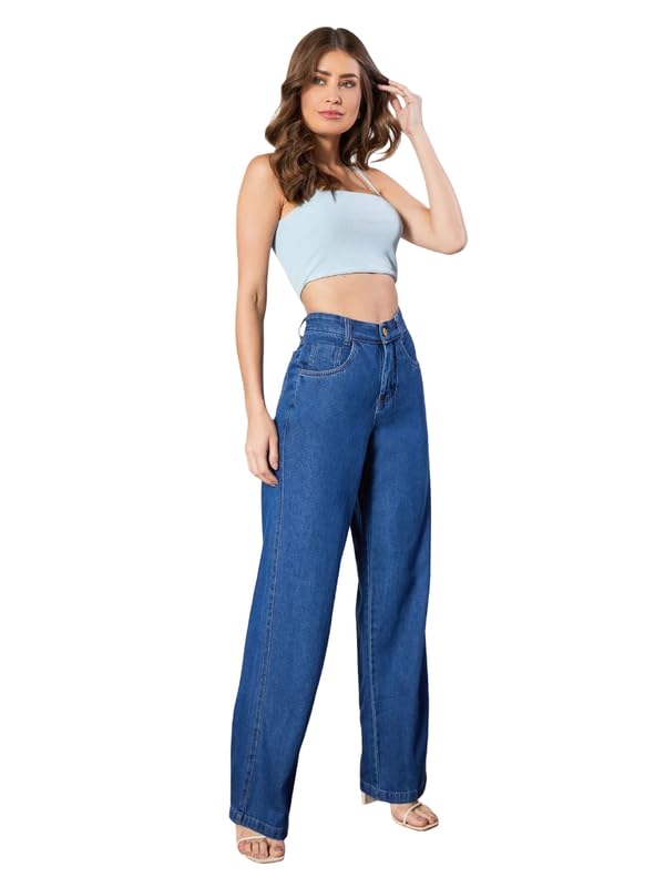 Women's High Rise Wide Leg Denim Jeans – Mid Blue Full Length Relaxed Fit Straight Palazzo Jeans, Soft Stretch Casual Everyday Pants with Pockets(Wide Leg A-Dark Blue-28)-picture-30