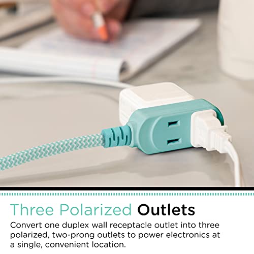 Cordinate Designer 3-Outlet Extension Cord, 8 Ft Braided Cable, 2-Prong Power Strip, Slide-To-Lock Safety, Low-Profile Flat Plug, Polarized, Etl Listed, White/Mint, 39983-T1 #TOP1