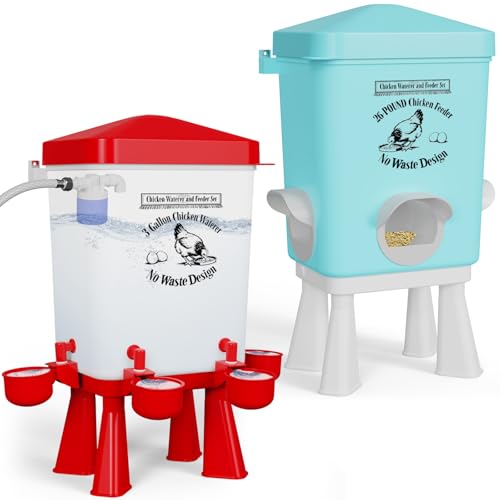 3 Gallon Automatic Chicken Feeder and Waterer Set with Float Valve, Chick Feeder Coop Poultry Waterer with Cups and Feeding Ports No Waste,Standing/Hanging Use, Chicken Coop Accessories