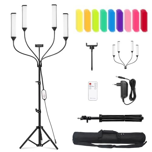 Four-arm RGB LED Photography Light, Equipped with Tripod Stand,Photography Bag,36 PCS Color gels, Suitable for Live Streaming,Video Recording,Eyebrow Embroidery,Makeup,Tattoo,Lash,YouTube Videos