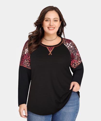 Image of CARCOS Plus Size Tops for Women Color Block Flower /Striped /Camo Crew Neck Long Sleeve Tee Shirt