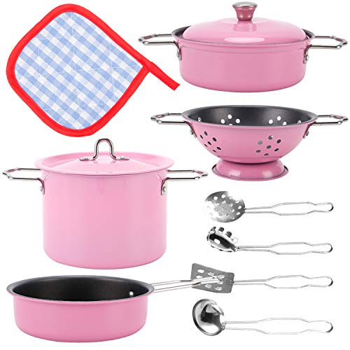Kids Play Kitchen Toys Pretend Cooking Pink Stainless Steel Pots and Pans Metal Kitchen Set with Utensils (11 Pieces)
