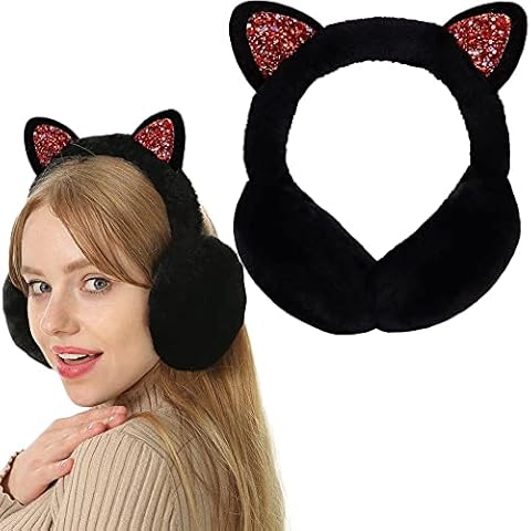 FSMILING Cat Ear Muffs for Women Girls Black Fluffy Ear Muffs Women Earmuffs Foldable Winter Ear Muffs Warm Ear Warmer Cover