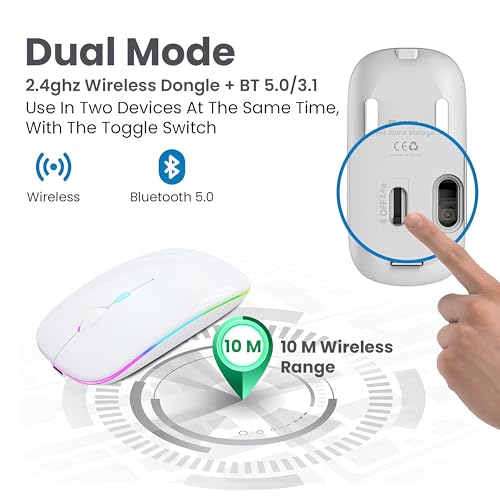 Image of Electro Wolf Wireless Gaming Mouse Lucid 2.4G Wireless + Bluetooth 5.1 Mouse, Slim Rechargeable 500mAh Silent Click RGB LED Wireless Gaming Mouse, DPI Upto 1600 - White