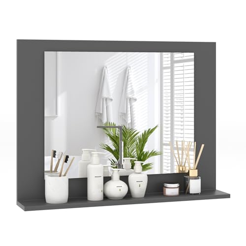 Tangkula Bathroom Mirror with Shelf, 23.5' x 17.5' Rectangle Wood Frame Bathroom Vanity Mirror for Over Sink, Wall Mounted Modern Mirror for Living Room, Entryway (Natural, 23.5' x 17.5')