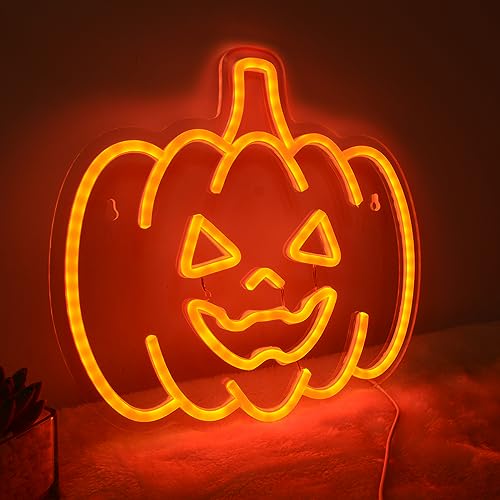 Image of Planzo Pumpkin Neon Sign Halloween Night Lights Wall Decoration Fall Harvest Lamp for Bar Kid Game Room Man Cave Bedroom Living Room Kitchen Spooky Halloween Christmas Gift Orange 5V USB Indoors