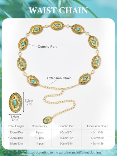 Image of FIORETTO Western Waist Chain Belt Metal Concho Belt for Women Cowgirl Cowboy Boho Country Belt for Dress Jean