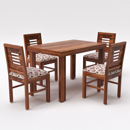 Image of VK Furniture Sheesham Solid Wood 4 Seater Dining Table Set of Four with 4 Print Cushion Chairs for Dinner Hall Kitchen Living Room Home Office Restaurant |L45 X W30 X H30|Honey Natural Finish