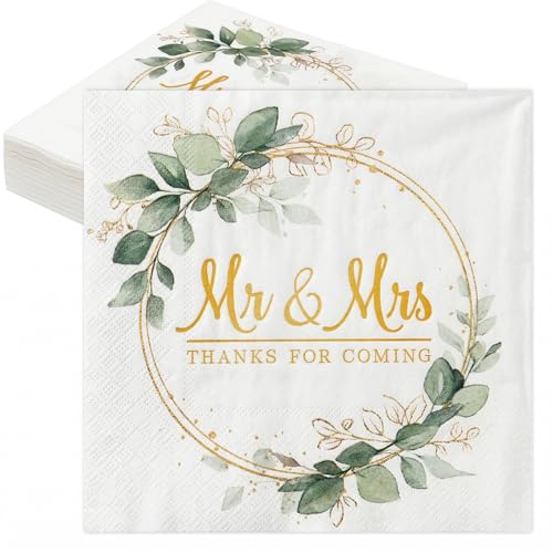 COMOOKA 50 Stück Servietten Hochzeit - Mr & Mrs Hochzeitsservietten mit Eukalyptus Design 33 x 33 cm 2-lagige Papierservietten für Tischdeko Hochzeit
