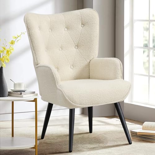 Furniliving Boucle Accent Chair for Living Room, Upholstered Reading Chair with High Backrest, Tufted-Button Wingback Armchair for Bedroom, Dressing Room, Home Office, Ivory White