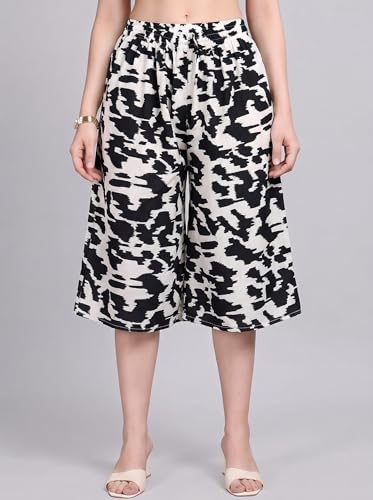 Image of THUMBA Women's Printed Poly Rayon Palazzo Pants | Wide Leg Culottes | Floral & Butterfly Print | Elastic Waist | Casual & Ethnic Wear | S M L XL 2XL 3XL