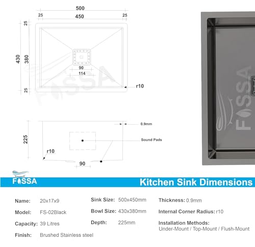 Image of Fossa 20 inchx17 inchx09 inch Premium Stainless Steel Handmade Single Bowl Kitchen Sink | Scratch Resistant, Anti-Stain | Includes Coupling, Waste Pipe & Fruit Basket - Black (Matte Finish)