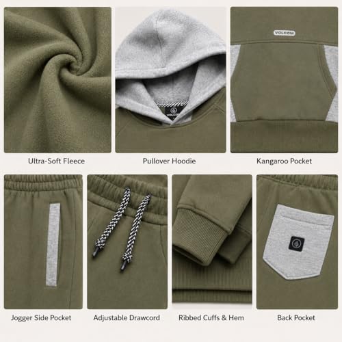 Image of Volcom Infant Toddler Baby Boys Joggers Set - 2 Piece Fleece Pullover Hoodie and Jogger Pants Activewear Set (Sizes: 12M-7)