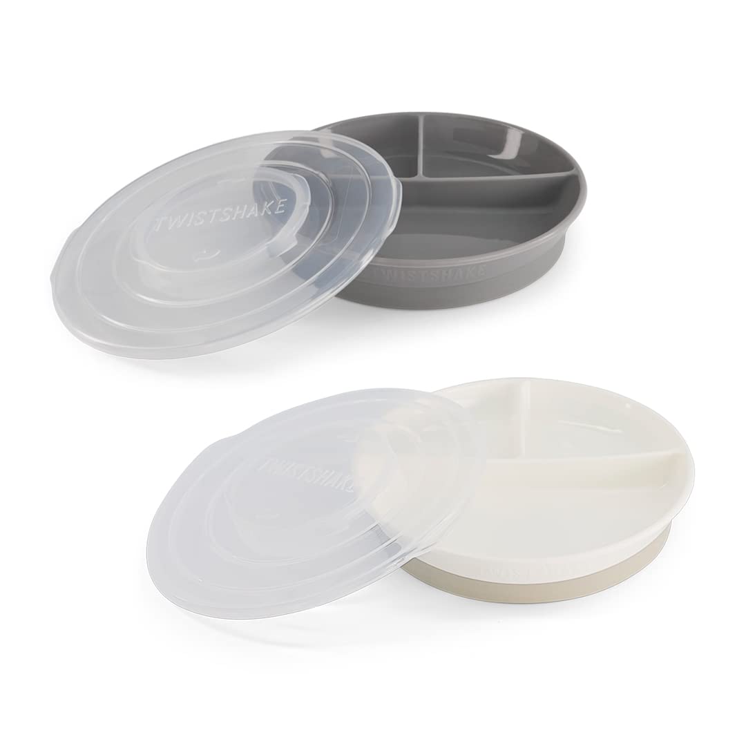Twistshake 2X Divided Plate | Baby Plate with Airtight Lid | BPA-Free Baby Weaning Plate | 3 Parts Food Training Plate | 6 Month+ Baby Feeding Plate | Newborn Essentials | Grey White