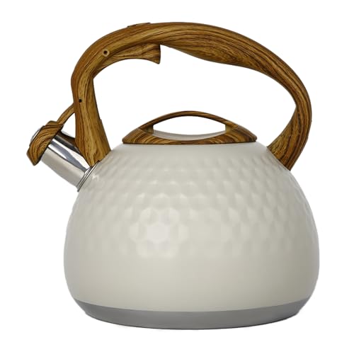 Tea Kettle for Stove Top, 3L,3.2 Quart Stainless Steel Whistling Tea Kettle with Wood Pattern Handle, for Gas & Electric Stovetops (White)