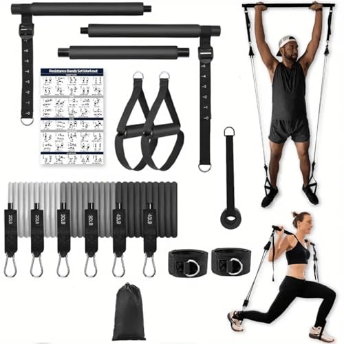 Kit Gimnasio en casa, Gomas elasticas musculacion + Barra, Gym con Cintas elasticas Fitness, Gym portatil, Kit Pilates Entrenamiento portatil, Deporte en casa. Regalo:Bolsa