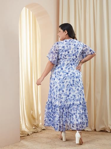 Image of Miss Chase A+ Women's Bohemian V-Neck Flutter Sleeve Chiffon Relaxed Fit Wrap Maxi Dress