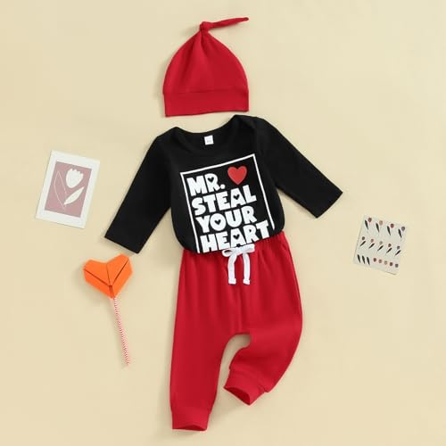 Mr. Steal Your Heart Baby Boy Outfit Newborn Valentines Long Sleeve Romper Pants Hat 3 Piece Clothes Set2