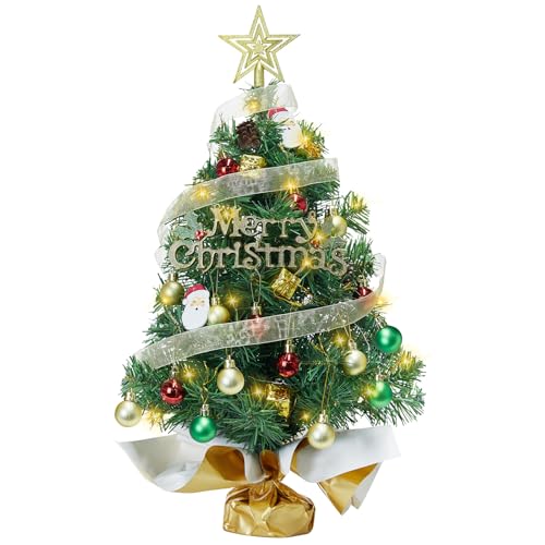 Small Mini Table top Christmas Tree with 50 LED Lights 24 Inch /2FT Little Prelit Christmas Tree Decorated Gift Boxes and Hanging Ornaments for DIY Christmas Decoration