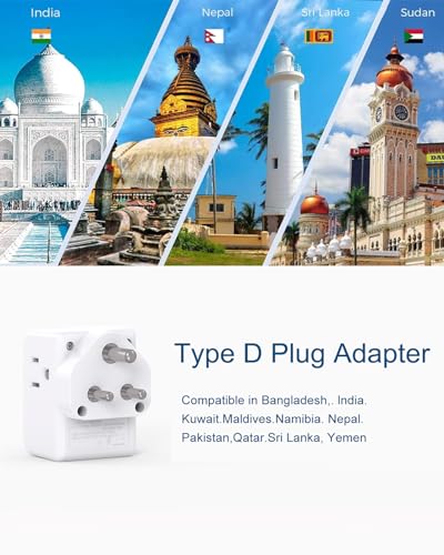 Image of 2 Pack India Power Adapter, One Beat Type D Plug Adapter with 3 American Outlets 3 USB Ports(1USB C), 6 in 1 India Travel Plug Adapter for US to India, Bangladesh, Kuwait, Maldives