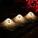 JOYIN Halloween Outdoor Decorations White Ghost Garden Stakes with Light Up Design (3 Packs), Cloth Ghost for Halloween Lights, Graveyard Yard Lawn Decorations