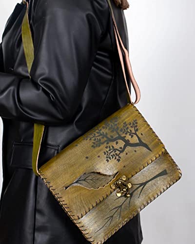 Vintage Premium Tree and leaf Pattern Crazy Horse Leather Cross-body Handmade Shoulder Bag Medium size3