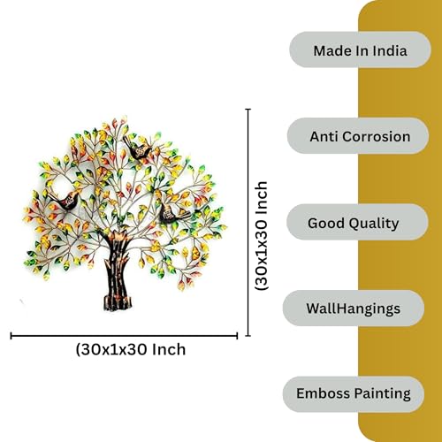 Image of Bharat Art Metal Iron 3 Bird Tree Multi Decorative Wall Art | Handcrafted Metal Wall Sculpture for Living Room Bedroom Office Hotels Cafe | Multicolor | 30 x 1 x 30 Inch | W051 (B)