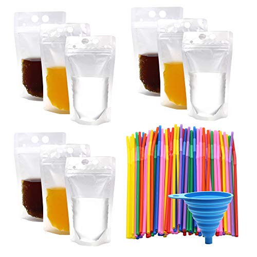 KisSealed 100 Pcs Drink Pouches - 16oz Smoothie Bags Juice Pouches with 100 Drink Straws, Heavy Duty Hand-Held Translucent Reclosable Ice Drink Pouches Bag