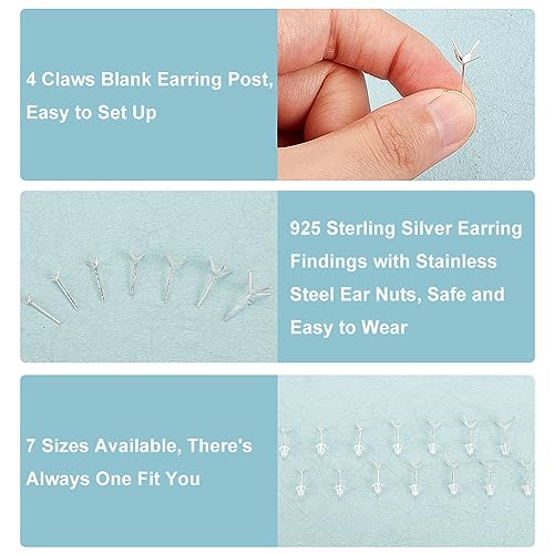 PH PandaHall 7 works 925 Sterling Silver Earring Studs Blank Earring Studs 4 Claw Bezel Earring Snap Set Handmade Earring Wire with 20 Earring Nuts for Women DIY Jewellery Making Supplies - Image 4