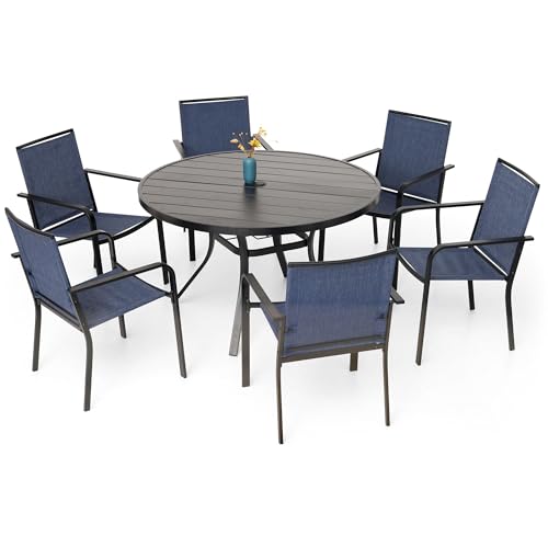 Image of Anmutig 7 Piece Patio Dining Set 48 Inch Round Table Stackable Chairs Blue | Powder-Coated Steel Frame, Quick-Dry Textilene Mesh, Dual-Size Umbrella Hole, Weather Resistant, Patio, Garden, Backyard