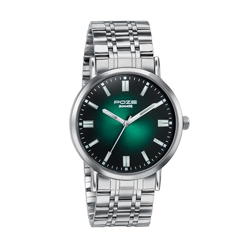 Image of Sonata Poze 6 Chrome Calling Quartz Green Round Dial Men's Watch | Stainless Steel Strap Material | Watches for Men Analog - SP70083SM01