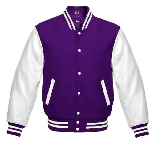 Varsity Hoodie Jacket For Baseball Letterman Bomber School Of Purple Wool and Genuine Black Leather Sleeves