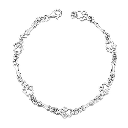 LUHE Paw Print Bracelets Gifts for Women 925 Sterling Silver Cute Dog Cat Bone Paw Bracelet for Girls, 7.5
