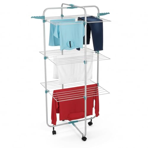 Mundo Home Tendedero Vertical Plegable 30M 3 Niveles con Ruedas 61×71×135cm - Tendedero de Pie Plegable de Acero para Interior y Exterior - Tenderetes de Ropa Plegables Que Ahorra Espacio y Tiempo