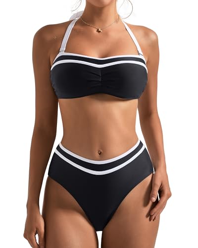 SUUKSESS Women High Waited Bandeau Bikini Sets Halter High Cut 2 Piece Swimsuit