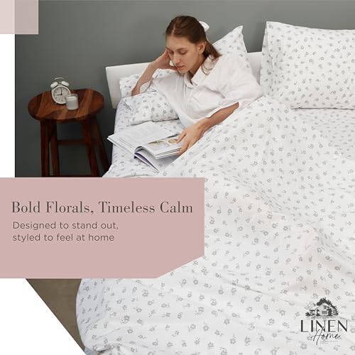 Image of Linen Home 100% Cotton Printed Percale Sheet Set King Size, 4 Piece Deep Pocket Floral Bedding, Crisp Cool & Breathable, Fade-Resistant Design, Hotel Luxury, Long-Staple Cotton, Mauve Silhouette