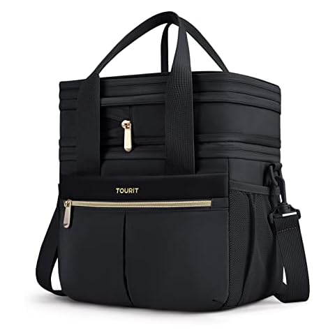 TOURIT Lunch Box for Women Men Double Deck Insulated Lunch Bag Women Expandable Leakproof Reusable Lunch Cooler Bag for Work, Office, Picnic, Black Cover