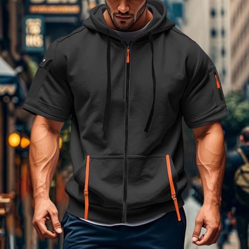 Short Sleeve Hoodies for Men with Hood Drawstrings Front Zipper Multiple Pockets Summer Hoodies for Men M-XXXL2