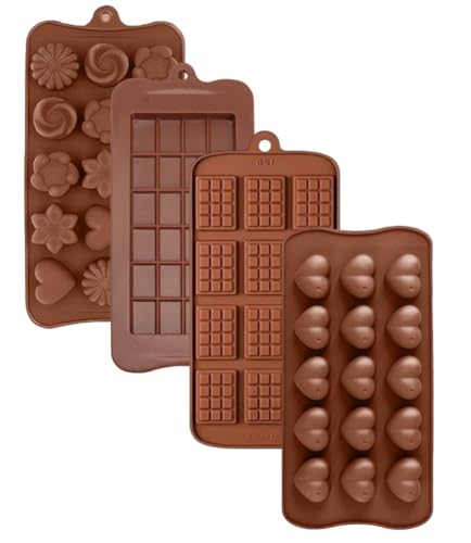 Image of Silicone Chocolate Molds, Breakable Mini Candy Bar, Heart Moulds, Chocolate Bar, 15 Cavity, Mix Design Mould for Cake, Jelly, Candy,Ice,Fondant Making - Pack of 4