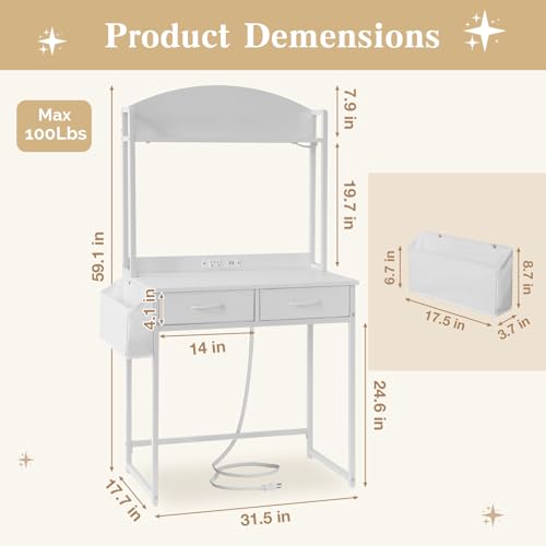 31.5" Small Makeup Vanity Desk with Storage, Power Outlets, 2 Drawers - image 3