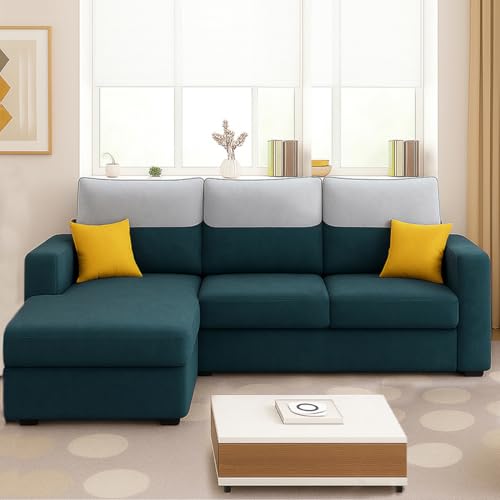 Image of Furny Tokiaa 4 Seater Fabric LHS L Shape Sofa Set (Greenish Teal) | Soft Velvet Fabric | Modern Design | Comfortable Seating | Living Room Furniture