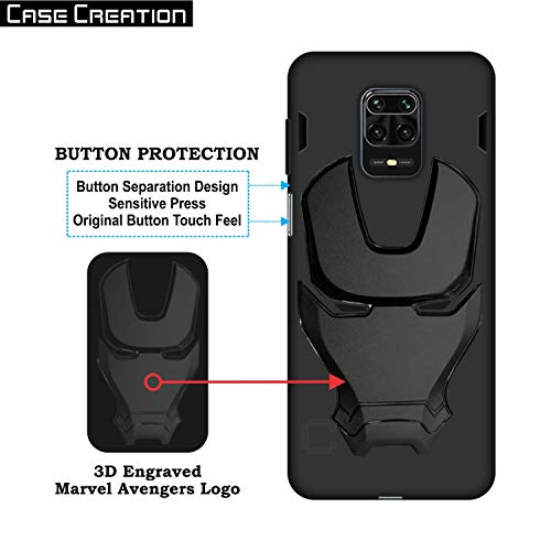 Image of COVERLY Official 3D Touch Feel Trending Real Hero Avenger Logo Mask Soft Rugged Grip Iron Man Super Power Cartoon Movie Silicone Matte Strong Back Cover for Xiaomi Redmi Note 9 Pro - Black