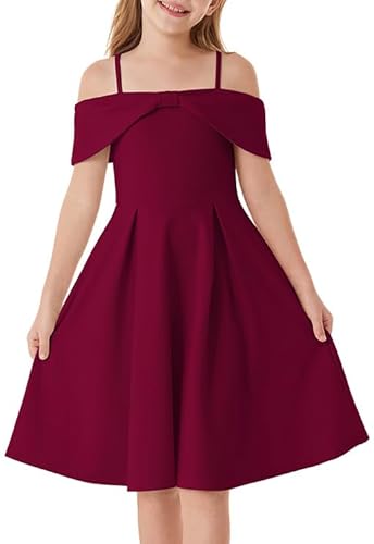 GRACE KARIN Girls Party Dress Off Shoulder Bowknot A-Line Casual Formal Elegant Dresses Dark Red 8Y