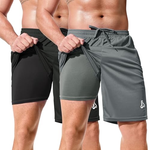 SILKWORLD Mens Mesh Basketball Shorts Casual Workout Cool Shorts 10 inch Active Training Long Shorts, 2pcs/Black+Pitch Grey, XX-Large