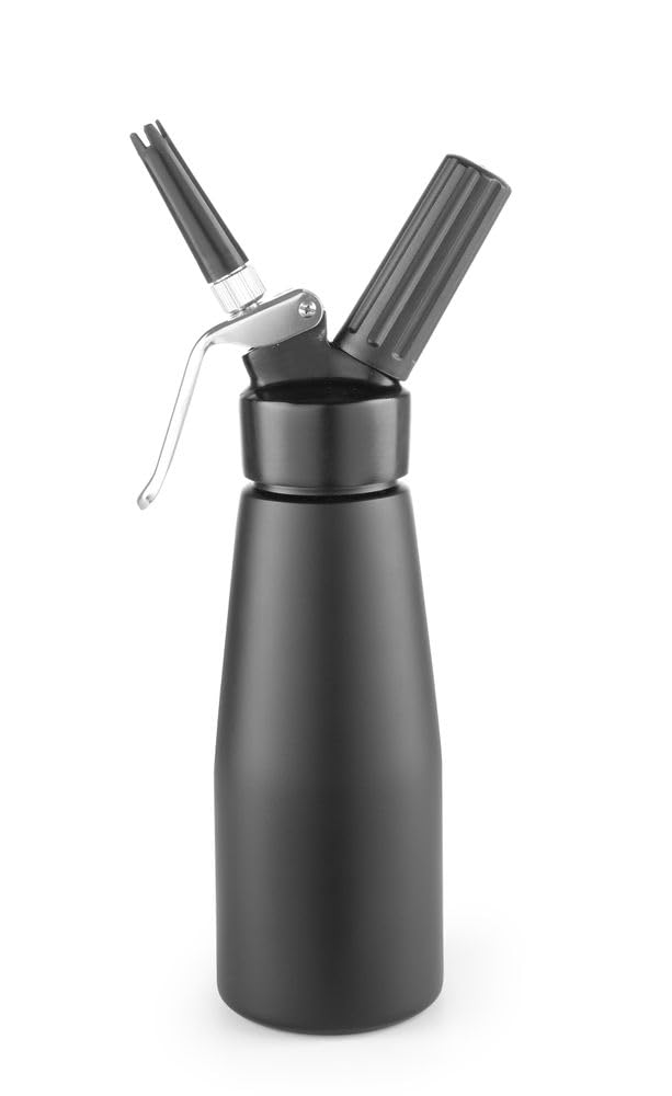 HENDI Siphon à chantilly, avec 3 douilles en polypropylène ainsi que 1 brosse de nettoyage, pour mousses, desserts et sauces, siphon à crème, 500ml, ø80x(H)260mm, aluminium, noir
