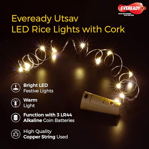 Image of Eveready Utsav, 2 Meter LED Rice Lights with Cork, 20 Bright LEDs, Operates with 3 pcs of LR44 Coin Battery, Copper String, Decorative Fairy Lights, Diwali, Christmas, Wedding, New Year & Home