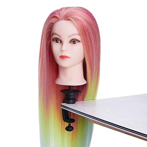 Foto von BHUASANG 26-28 Zoll Trainingsköpfe 100% Synthetischem Haar Hairdressing Kosmetologie Mannequin Friseure Frisierkopf Übungskopf mit Halterung + DIY Haare Frisuren Set