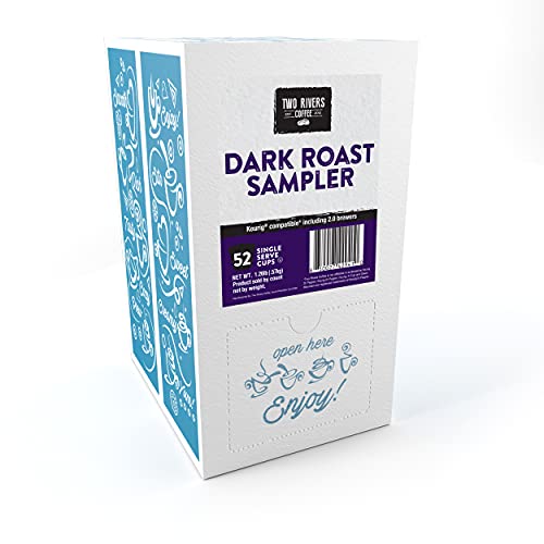 Image of Two Rivers Coffee Dark Roast Coffee Pods Sampler Compatible with K Cup Brewers Including 2.0, Single Serve Variety Pack, 52 Count