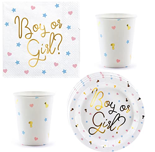 Libetui Set 44 Teile Partygeschirr Junge oder Mädchen - Gender Reveal Geschirr mit Gold Inschrif Boy or Girl? Papier Dekoration Baby-Shower-Party Junge Mädchen