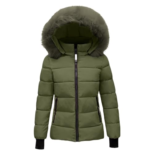 Chaqueta acolchada para mujer con capucha de piel sintética, abrigo de invierno cálido con bolsillos, con capucha y cremallera para exteriores, Ejercito Verde, M